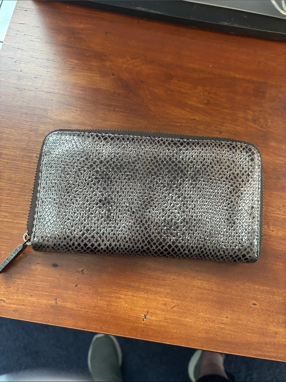 Tory Burch Metallic Snake-Embossed Zip Around Wallet - Silver
